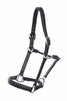 Leren Halster, zwart, rond gestikt, met witte sticksels, maat Cob