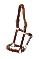 Elegant, gevoerd, leren halster met contrasterende stiksels en bies, en messingkleurige beslag. (Bruin)